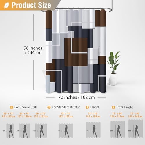 BTTN 72 x 96 Long Modern Geometric Waterproof Fabric Shower Curtain, Brown