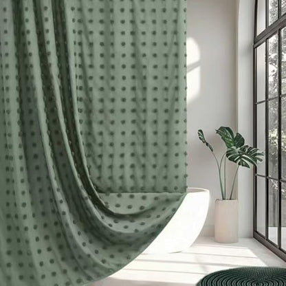 Extra Long Green Boho Shower Curtain Woven Fabric Cute 84 Inch Shower Curtain, 72 x 84 Tufted Pleat Floral Puffs Textured Modern Farmhouse Minimalist Shower Curtain Set with Hooks for Bathroom