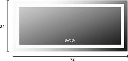 LED Bathroom Mirror, 72"X32" with Front Light and Backlit | Stepless Dimmable, Anti-Fog, Shatter-Proof, HD Reflection, Memory, 3 Colors Lighting, UL Listed (Horizontal/Vertical).