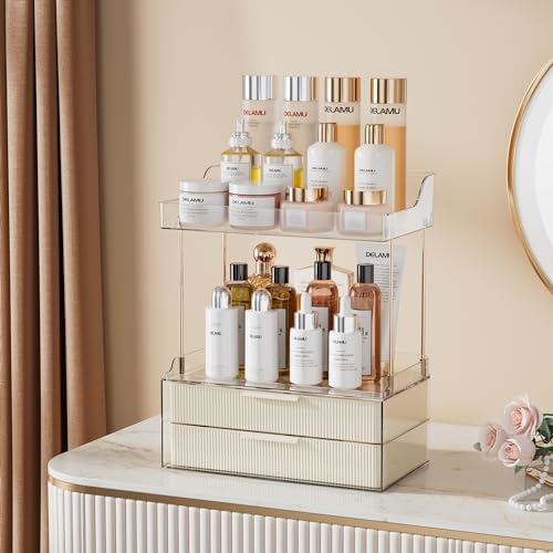 Delamu 4-Tier Makeup Organizer, Bathroom Counter, 2 Drawers,Cream White