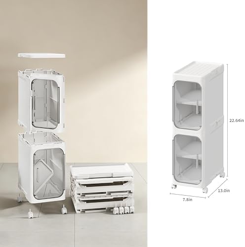 2-Tier Narrow Storage Cabinet Slim Bathroom Skinny Organizer with Wheels | Slim Storage Cabinet with Lockable Rolling Wheels Adjustable Detachable Shelves Snap Assembly for Small Spaces,Snow White