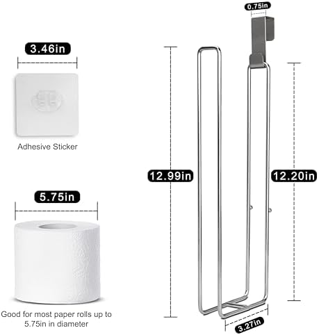 Bathroom Toilet Paper Holder with Storage Extra 3 Rolls, Over The Tank Toilet Paper Holder Wall Mount, Small Restroom Organizer, Adhesive RV Tissue Storage, Stainless Steel, Silver, 1PC