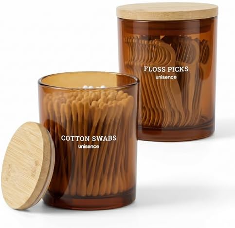 2 Pack Glass Qtip Holder Dispenser Set - Q Tip Holder for Bathroom Canister Qtip Dispenser with Lid for Cotton Balls, Swabs, Floss Picks, and Makeup Sponges ,Amber,Large Capacity