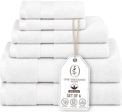 Premium Staple Cotton Bathroom Towel Set - White 600 GSM 6-Piece Luxury Bath Towel Set 1 Stripe - 2 Bath Towels, 2 Hand Towels & 2 Washclothes Set - High Absorbent & Quick Dry for Gym, Spa, Hotel
