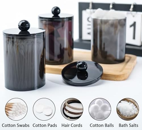 2 Pcs Acrylic Qtip Holder, Cotton Ball Holder Jars with Lids, Black