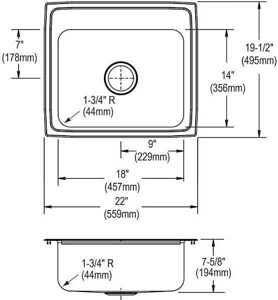 22 Inch Drop In Stainless Steel Kitchen Sink, Single Bowl 18 Gauge 304 Stainless Steel Sink, 7-5/8" Deep Basin, Lustertone Satin Finish Top Mount Kitchen Sink, Quick Clip Installation, 1 Faucet Hole