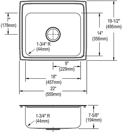 22 Inch Drop In Stainless Steel Kitchen Sink, Single Bowl 18 Gauge 304 Stainless Steel Sink, 7-5/8" Deep Basin, Lustertone Satin Finish Top Mount Kitchen Sink, Quick Clip Installation, 1 Faucet Hole