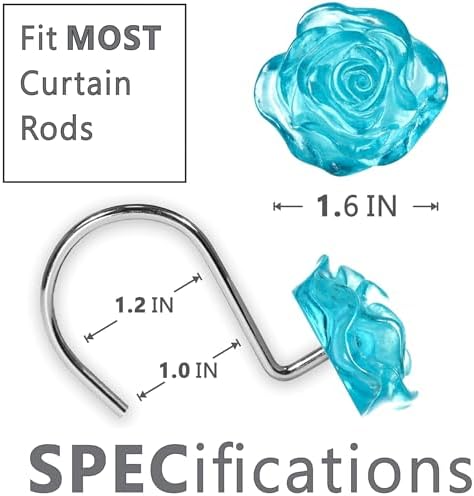 Teal Blue Rose Shower Curtain Hooks: Turquoise Aqua Flower Rings, 12Pcs