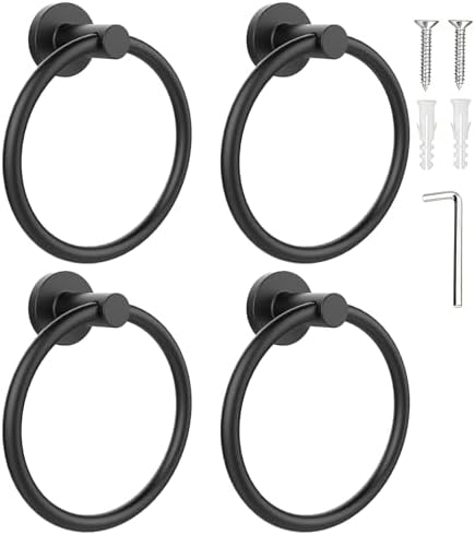 SetSail Towel Holder for Bathroom Wall Matte Black Towel Ring, 4 Packs
