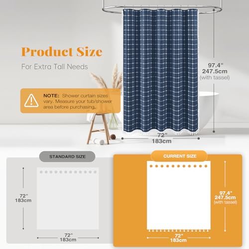 BTTN Extra Long Boho Farmhouse Linen Shower Curtain Set, 72x96, Navy Blue