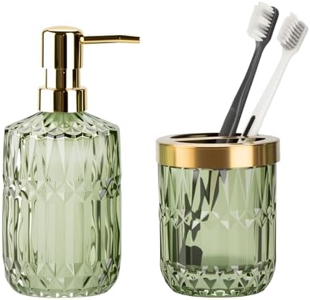 RRM Glass Bathroom Toothbrush Holder and Soap Dispenser Set, Green