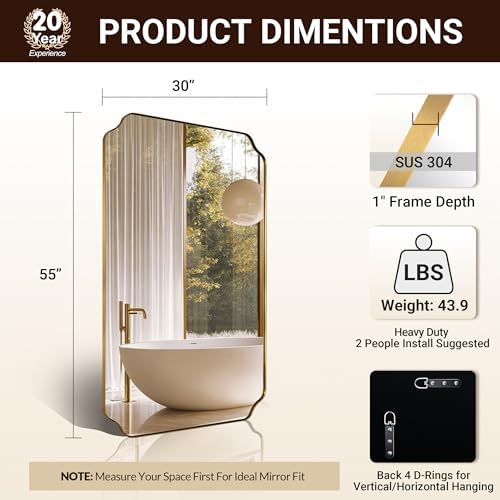 ANDY STAR 30"x55" Large Bathroom Mirror, Gold Scalloped Mirror for Bathroom, Brushed Brass Full Length Wall Mirror with Rust-Proof Stainless Steel Frame, Hangs Vertically or Horizontally