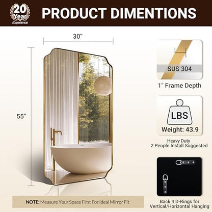 ANDY STAR 30"x55" Large Bathroom Mirror, Gold Scalloped Mirror for Bathroom, Brushed Brass Full Length Wall Mirror with Rust-Proof Stainless Steel Frame, Hangs Vertically or Horizontally