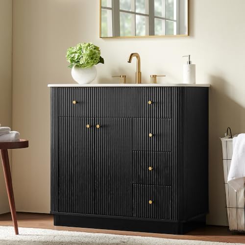 T4TREAM 72" Fluted Bathroom Vanity with 2 Single Sinks, Black Oak