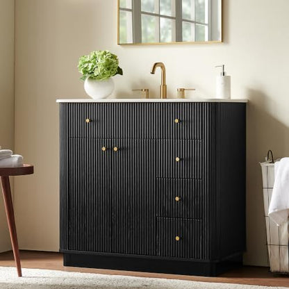T4TREAM 72" Fluted Bathroom Vanity with 2 Single Sinks, Black Oak