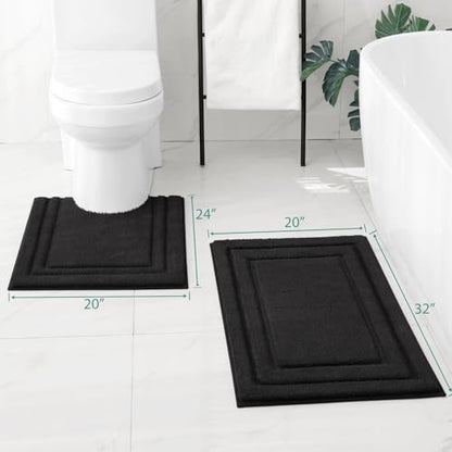 HOMEIDEAS Bathroom Rugs Sets 2 Piece, Super Soft and Absorbent Non Slip Microfiber U-Shaped Toilet Bath Mat Set (20"x32"+U20 x24, Black)