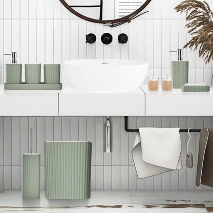 XLHOMO Bathroom Accessories Set - Gorgeous Sage Green Bathroom Set, 10PC Bathroom Accessory Set, Toilet Brush, Trash Can, Qtip Holder Dispenser & Soap Dispenser
