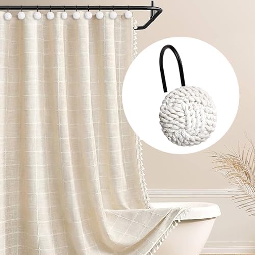 Sunlit Boho Knots Shower Curtain Hooks, Home Decorative White Shower Curtain Rings with Black Hooks for Bathroom, Seaside Nautical Shower Curtain Hangers Bathroom Accessories, Set of 12
