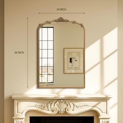Besdomus Vintage Gold Mirror for Bathroom: 24"x36" Ornate Arched Mirror