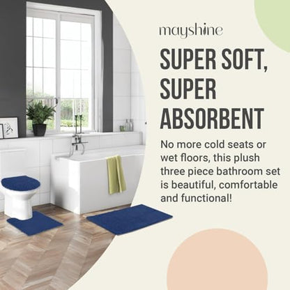 Standard 3pc Set Chenille Bath Mats, Includes 21"x24" U-Shaped Contour Toilet Rug, 21"x34" Inches Bathmat and 1 Toilet Lid Cover, Plush Absorbent Bath Mats Quick Dry, Dark Blue