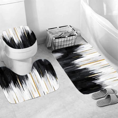 NBVKO 4PCS Black Oil Painting Style Shower Curtain Set with Non-Slip Rugs,Toilet Lid Cover and Bath Mat,Bathroom Decor Accessory Set