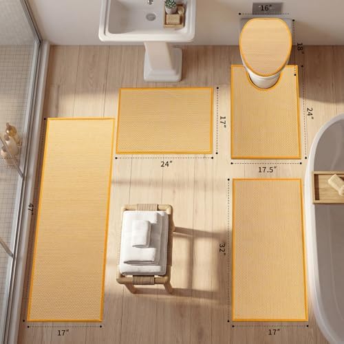 YIHOUSE Yellow Bathroom Rugs Sets 5 Pieces,Thin Bath Mat Quick Dry