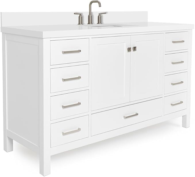 ARIEL Cambridge 60-inch Bathroom Vanity with Sink,Solid Wood, 1.5-inch Pure White Quartz Countertop & Backsplash, Single Rectangular Porcelain Sink, 2 Soft Closing Doors, 9 Dovetail Drawers, White