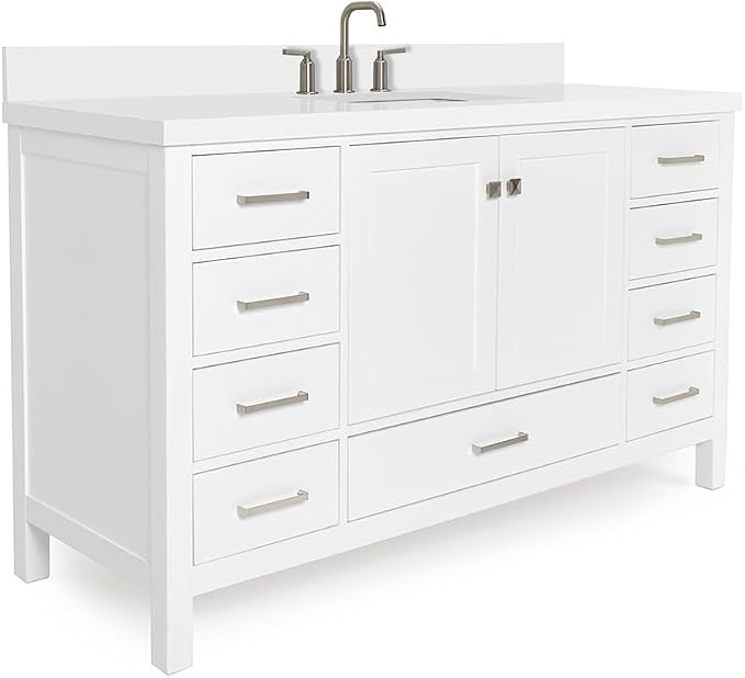 ARIEL Cambridge 60-inch Bathroom Vanity with Sink,Solid Wood, 1.5-inch Pure White Quartz Countertop & Backsplash, Single Rectangular Porcelain Sink, 2 Soft Closing Doors, 9 Dovetail Drawers, White