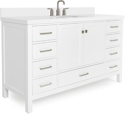 ARIEL Cambridge 60-inch Bathroom Vanity with Sink,Solid Wood, 1.5-inch Pure White Quartz Countertop & Backsplash, Single Rectangular Porcelain Sink, 2 Soft Closing Doors, 9 Dovetail Drawers, White