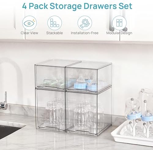 Vtopmart Clear Stackable Storage Drawers Set of 4, Baby Bottle Organizer