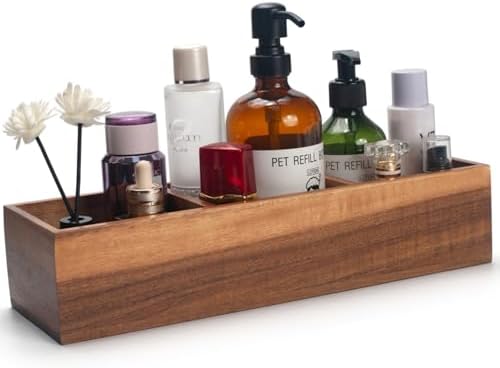 Wood Bathroom Basket, Acacia Wood Toilet Tank Basket, Wooden Storage Box with 3 Compartments for Bathroom Organizer (14.6 x 4.7 x 3.1 inch)