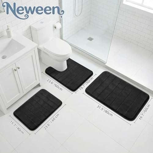 Neween Bathroom Rugs Set 3 Piece, Absorbent Memory Foam Bath Mat, Black