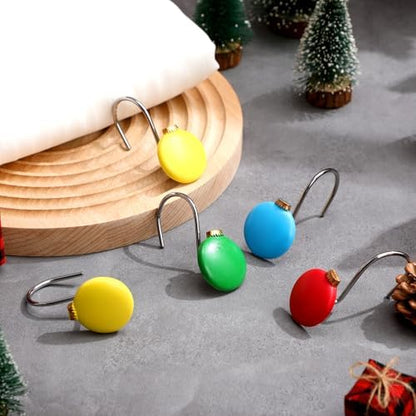 Thyle 12 Pcs Christmas Ball Shower Curtain Hooks, Christmas Ball Ornament Decorative Rings Xmas Shower Curtain Hooks Holiday Decorative for Bathroom Accessories