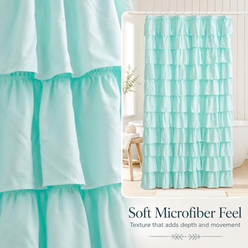 Teal Ruffle Shower Curtain for Bathroom, 72x84 Inch, 1 Panel