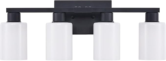 Black Bathroom Light Fixtures 4 Light Bathroom Vanity Light Matte Black Vanity Lights with Eye-Friendly Milky White Frosted Glass Shades E26 Socket (Bulbs Not Included)
