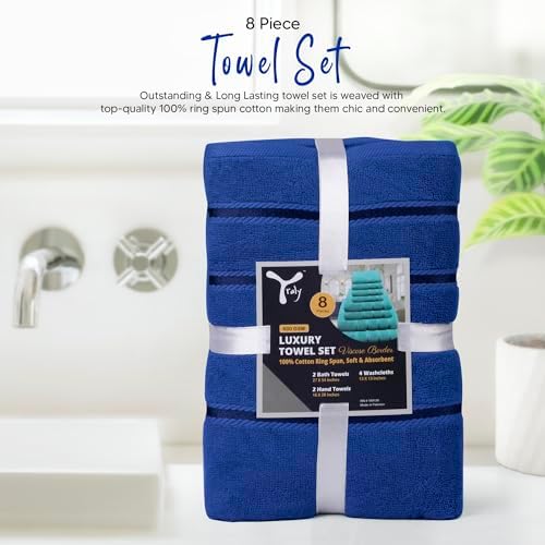 Luxury Towels for Bathroom Set of 8-2 Bath Towels 2 Hand Towels 4 Washcloths - 600 GSM 100% Cotton Ring Spun Viscose Border Towels Set - Royal Blue