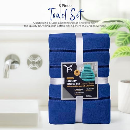 Luxury Towels for Bathroom Set of 8-2 Bath Towels 2 Hand Towels 4 Washcloths - 600 GSM 100% Cotton Ring Spun Viscose Border Towels Set - Royal Blue