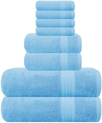 GLAMBURG Ultra Soft 8-Piece Towel Set - 100% Pure Ringspun Cotton, Contains 2 Oversized Bath Towels 27x54, 2 Hand Towels 16x28, 4 Wash Cloths 13x13 - Ideal for Everyday use, Hotel & Spa - Sky Blue