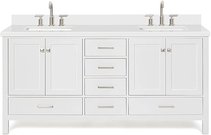 ARIEL Cambridge 72-inch Bathroom Vanity with Sink,Solid Wood, 1.5-inch Pure White Quartz Countertop & Backsplash, Double Rectangular Porcelain Sink, 4 Soft Closing Doors, 6 Dovetail Drawers, White