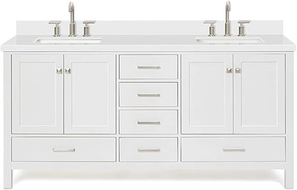 ARIEL Cambridge 72-inch Bathroom Vanity with Sink,Solid Wood, 1.5-inch Pure White Quartz Countertop & Backsplash, Double Rectangular Porcelain Sink, 4 Soft Closing Doors, 6 Dovetail Drawers, White