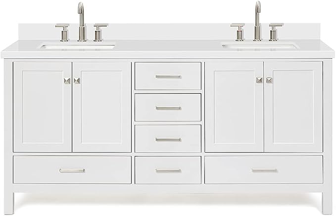 ARIEL Cambridge 72-inch Bathroom Vanity with Sink,Solid Wood, 1.5-inch Pure White Quartz Countertop & Backsplash, Double Rectangular Porcelain Sink, 4 Soft Closing Doors, 6 Dovetail Drawers, White