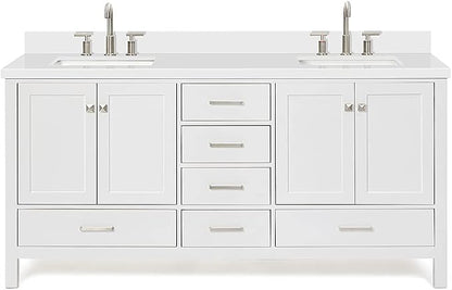 ARIEL Cambridge 72-inch Bathroom Vanity with Sink,Solid Wood, 1.5-inch Pure White Quartz Countertop & Backsplash, Double Rectangular Porcelain Sink, 4 Soft Closing Doors, 6 Dovetail Drawers, White