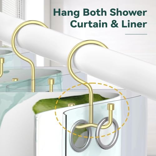 Goowin Shower Curtain Hooks, Shower Curtain Rings, Durable Gold Shower Curtain Hangers, Smooth Glide Double Hook Shower Curtain Hooks, Simple Shower Hooks for Shower Curtain, Gold, 24 Pack-Cylinders