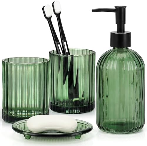 Bathroom Accessories Set, 4Pcs Glass Bathroom Accessories Sets Complete Lotion Soap Dispenser, Toothbrush Holder, Mouthwash Cup, Soap Dish for Bathroom Decor, Countertop Organizer (Green)
