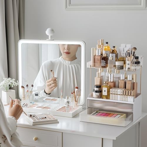 Delamu 4-Tier Makeup Organizer, Bathroom Counter Storage, 2 Drawers,Clear
