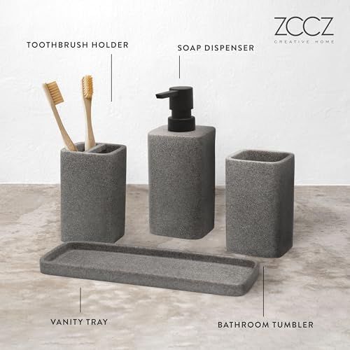 ZCCZ Bathroom Accessory Sets, 4 Pieces Bathroom Accessories Complete Set Vanity Countertop Accessory Set, Includes Lotion Dispenser Soap Pump, Tumbler, Toothbrush Holder and Tray (Grey)