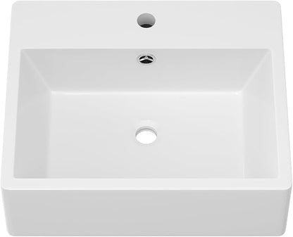 Wall Mounted Bathroom Sink 20"x17" Ceramic Floating Vessel Sink | Wall Hung Ceramic Bathroom Sink White Rectangular Wall Mount Wash Basin Porcelain Lavatory Sink