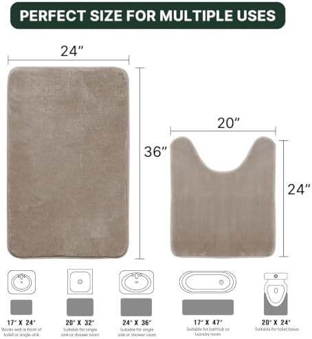 H.VERSAILTEX Bath Mat Memory Foam Set Bathroom Rug Set Flannel Velvety Bath Mat Luxury Extra Soft and Absorbent Non Slip Rugs for Bathroom/Bedroom Washable(Curved Set 24"x 36" Plus 20"x 24"U, Taupe)