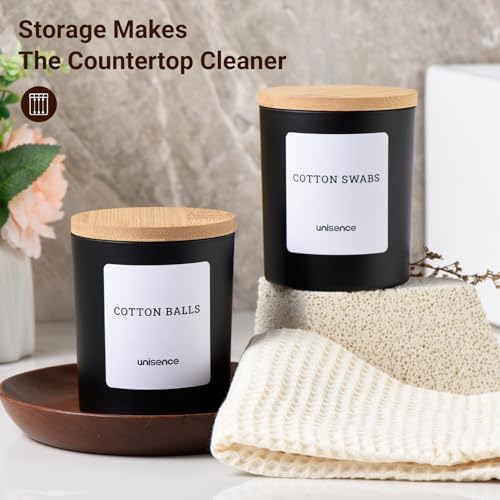 2 Pack Glass Qtip Holder Dispenser Set - Q Tip Holder for Bathroom Canister Qtip Dispenser with Lid for Cotton Balls, Swabs, Floss Picks, and Makeup Sponges ,Black,Large Capacity