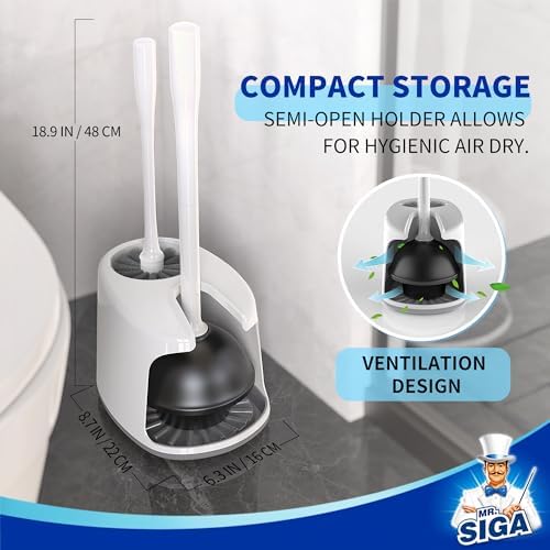 MR.SIGA Toilet Plunger and Brush with Holder for Toilet Cleaning, White